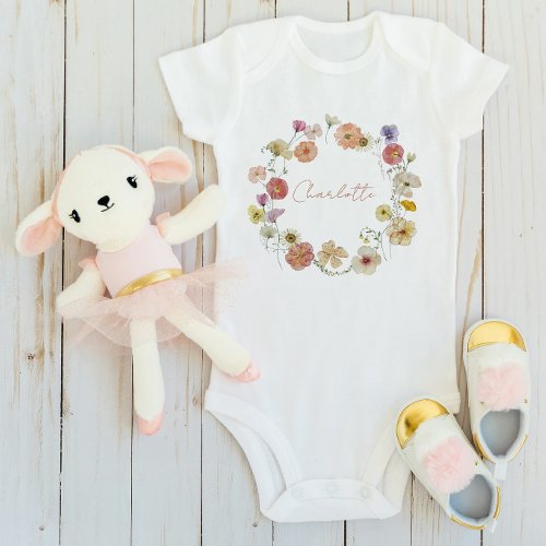 Cute Floral Wreath Baby Girl Watercolor Name Baby Bodysuit