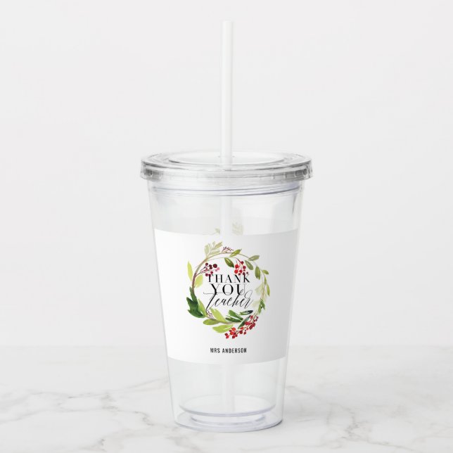 cute floral wreath elegant teacher  acrylic tumbler (Front)