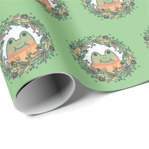 Cute Floral Wreath Frog in Sweater Wrapping Paper