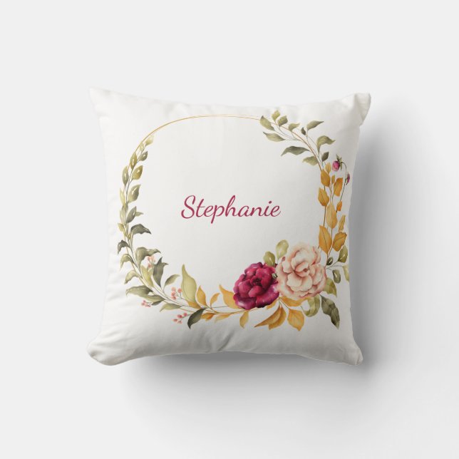 Cute Floral Wreath Monogrammed Throw Pillow (Front)