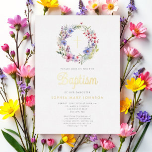 Cute Floral Wreath Religious Girl Baptism Gold Foil Invitation