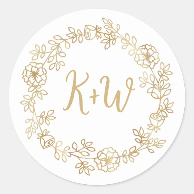 Cute Floral Wreath Wedding Initials Monogram Classic Round Sticker (Front)