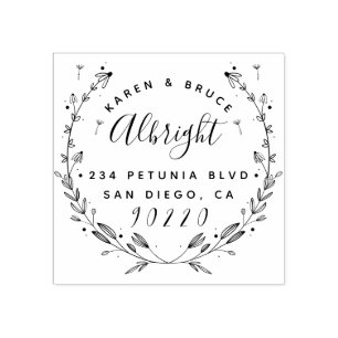 Cute Floral Wreath Wedding Name Return Address Rubber Stamp