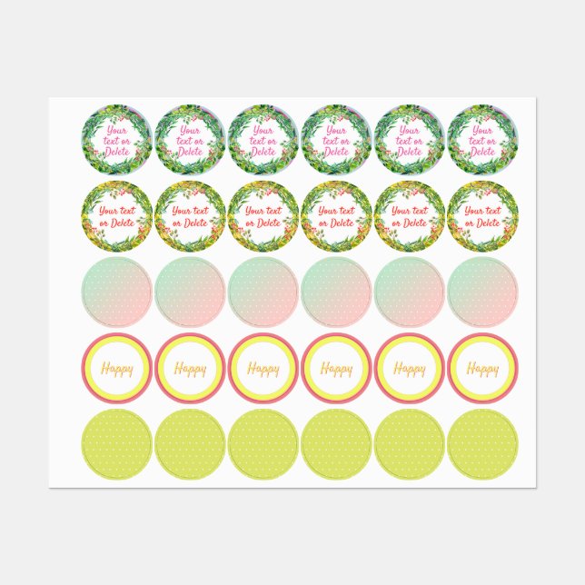 Cute floral wreaths girlie dotty pattern set of labels (Sheet)