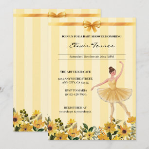 Cute Floral Yellow Ballerina Ribbon Baby Shower Invitation