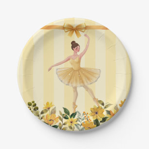 Cute Floral Yellow Ballerina Ribbon Baby Shower Paper Plates