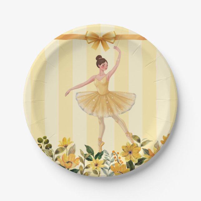 Cute Floral Yellow Ballerina Ribbon Baby Shower Paper Plates (Front)