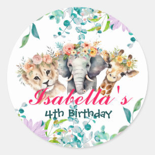 Cute Floral zoo jungle Animals Birthday Welcome Classic Round Sticker