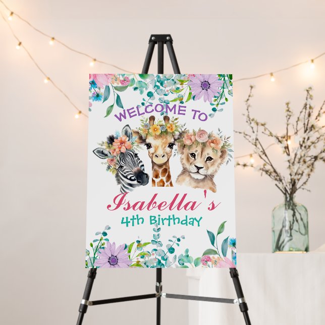 Cute Floral zoo jungle Animals Birthday Welcome  Foam Board (In Situ (Stand))