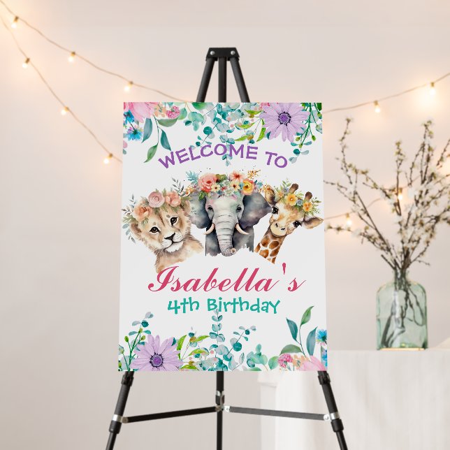 Cute Floral zoo jungle Animals Birthday Welcome  Foam Board (In Situ (Stand))