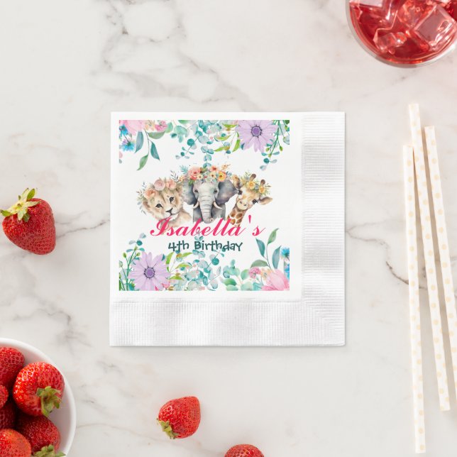 Cute Floral zoo jungle Animals Birthday Welcome  Napkins (Insitu)