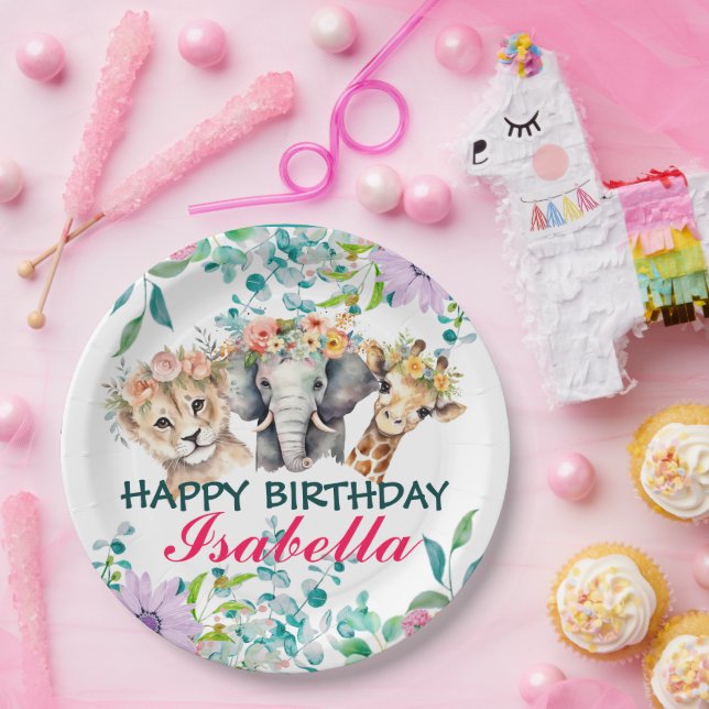 Cute Floral zoo jungle Animals Birthday Welcome  Paper Plates (Party)