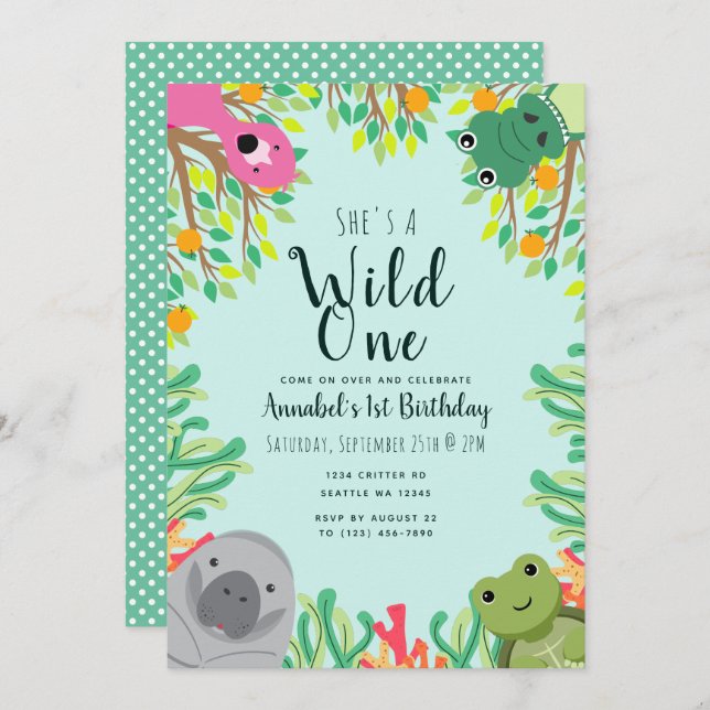 Cute Florida Animals Wild One Kids Birthday  Invitation (Front/Back)