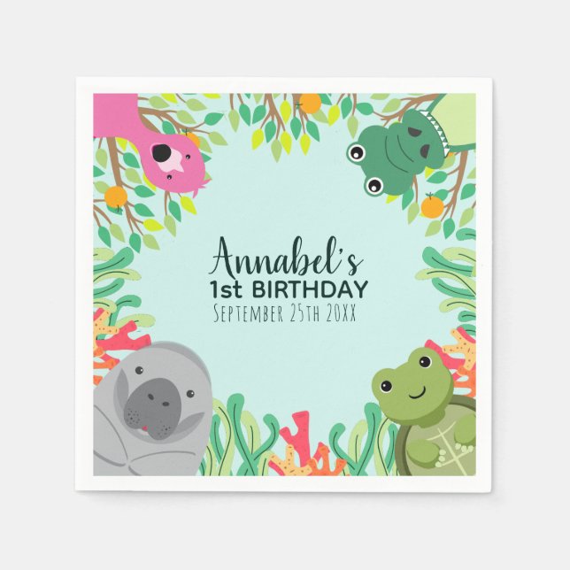 Cute Florida Animals Wild One Kids Birthday Napkins (Front)