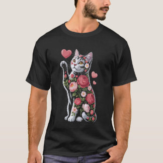Cute Flower Cat Owners Artwork with Hearts and Ros T-Shirt