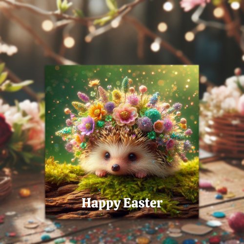 Cute Flower Crown Hedgehog Easter Wishes Holiday Card