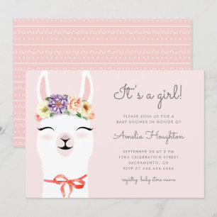 Cute Flower Crown & Llama Girl Baby Shower Invitation