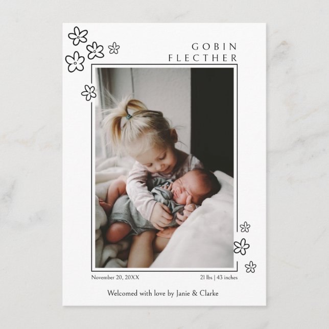 Cute Flower Doodle Newborn Photo Birth  Announcement (Front)
