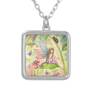 Cute Flower Fairy and Ladybug Fantasy Art Silver Plated Necklace