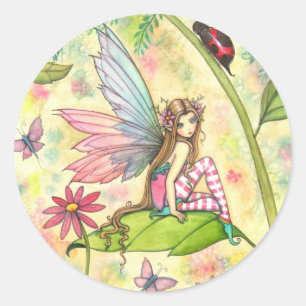 Cute Flower Fairy and Ladybug in Garden Classic Round Sticker