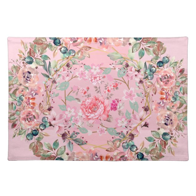 Cute Flower Graphic Art, Pink Floral Wreath Cloth Placemat (Front)