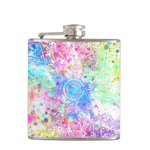 Cute flower henna hand drawn design watercolors hip flask