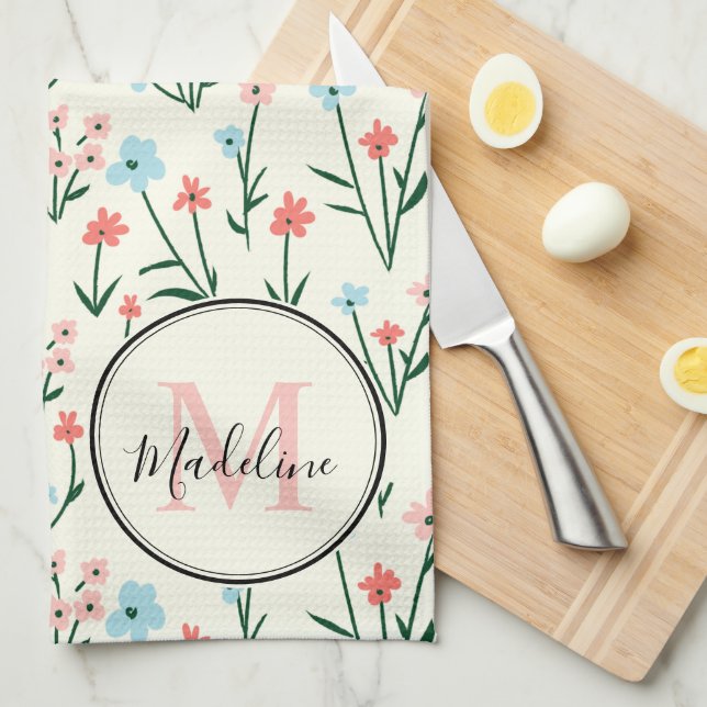 Cute Flower Ivory White Elegant Pink Monogram Kitchen Towel (Quarter Fold)