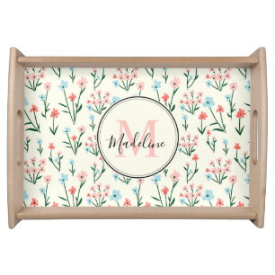 Cute Flower Ivory White Elegant Pink Monogram Serving Tray