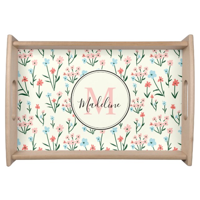 Cute Flower Ivory White Elegant Pink Monogram Serving Tray (Front)