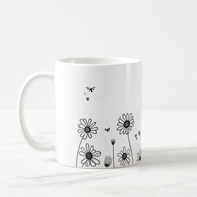 Cute Flower Mug – Black and White Wildflower Desig (Left)