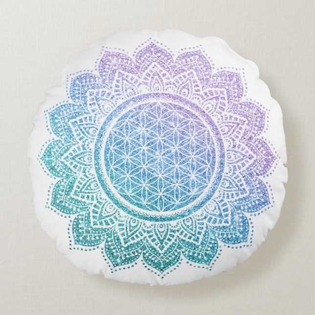 Cute flower of life Mandala glitter meditation Round Pillow (Front)