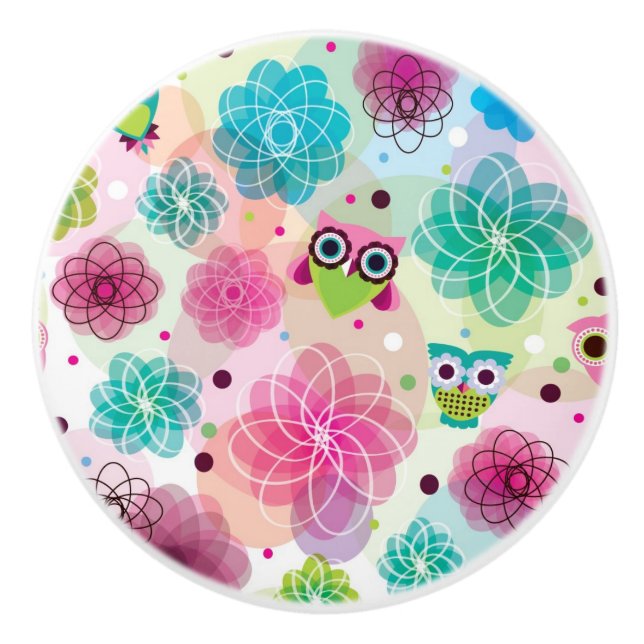 Cute flower owl background pattern ceramic knob (Front)