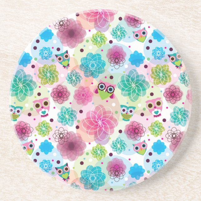 Cute flower owl background pattern drink coaster (Front)