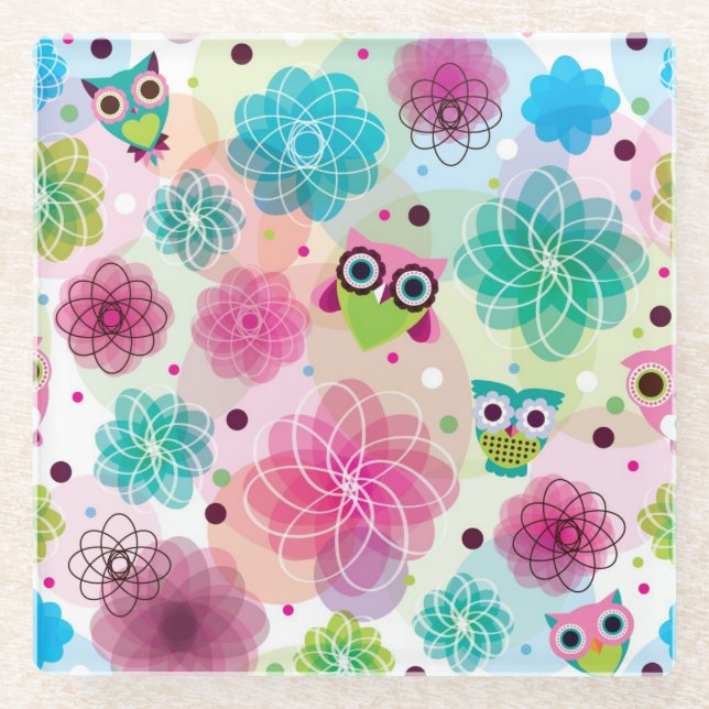 Cute flower owl background pattern glass coaster (Front)