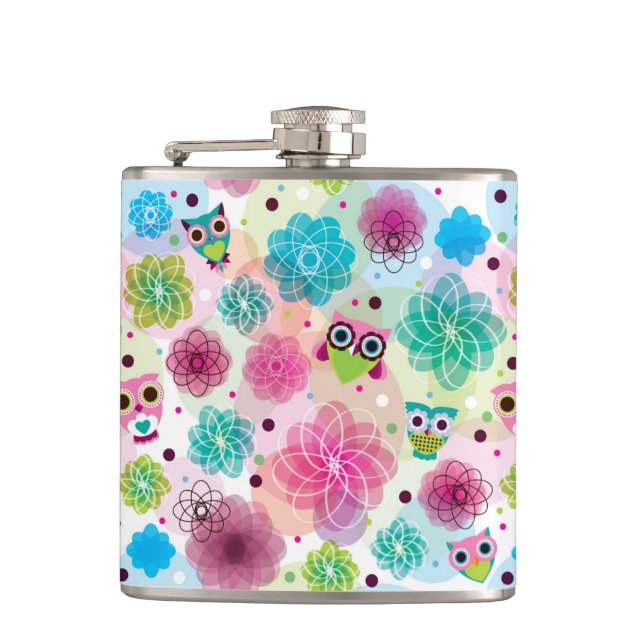 Cute flower owl background pattern hip flask (Front)