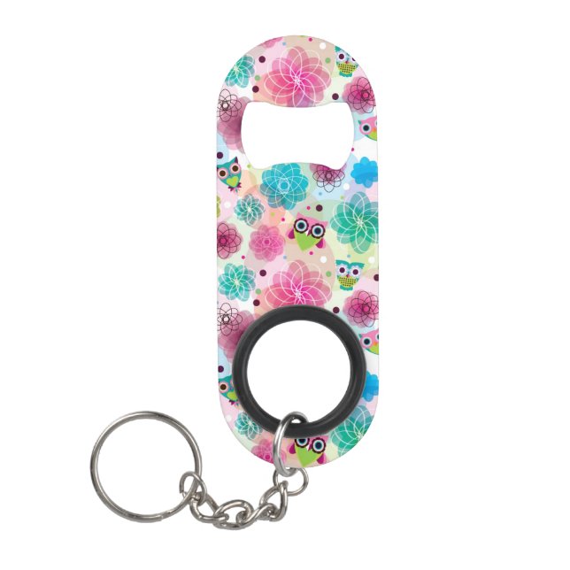 Cute flower owl background pattern keychain bottle opener (Front)