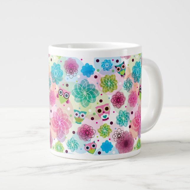 Cute flower owl background pattern large coffee mug (Front Right)
