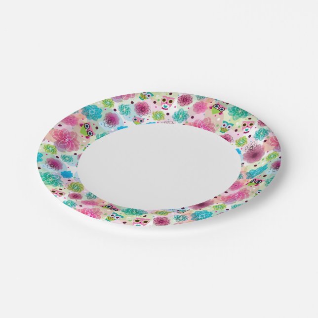Cute flower owl background pattern paper plates (Angled)