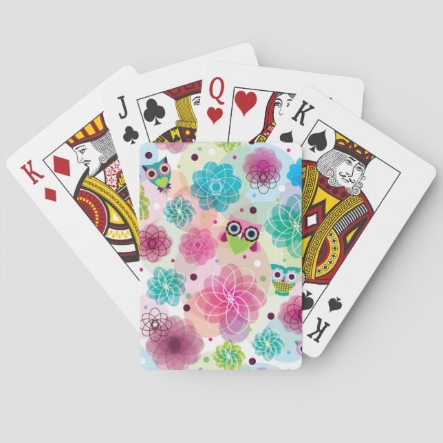 Cute flower owl background pattern poker cards (Back)