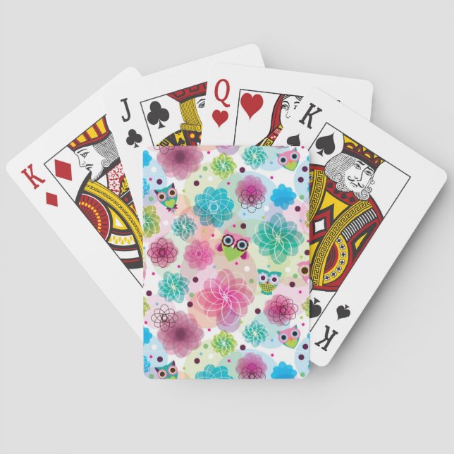 Cute flower owl background pattern poker cards (Back)