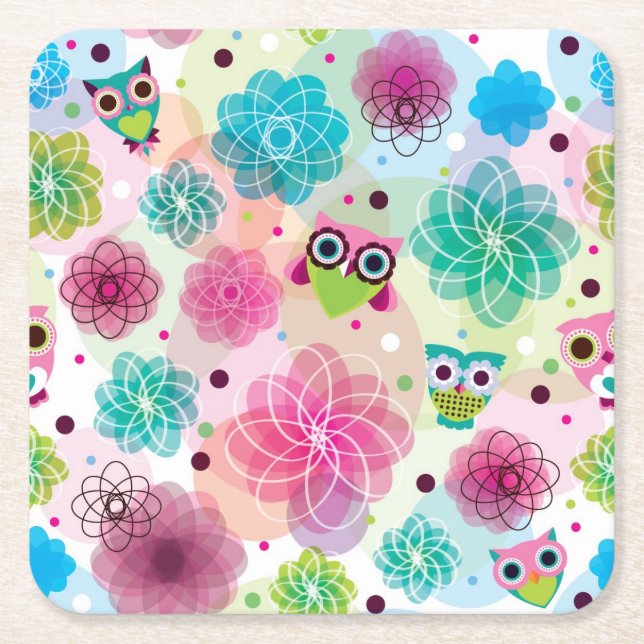 Cute flower owl background pattern square paper coaster (Front)
