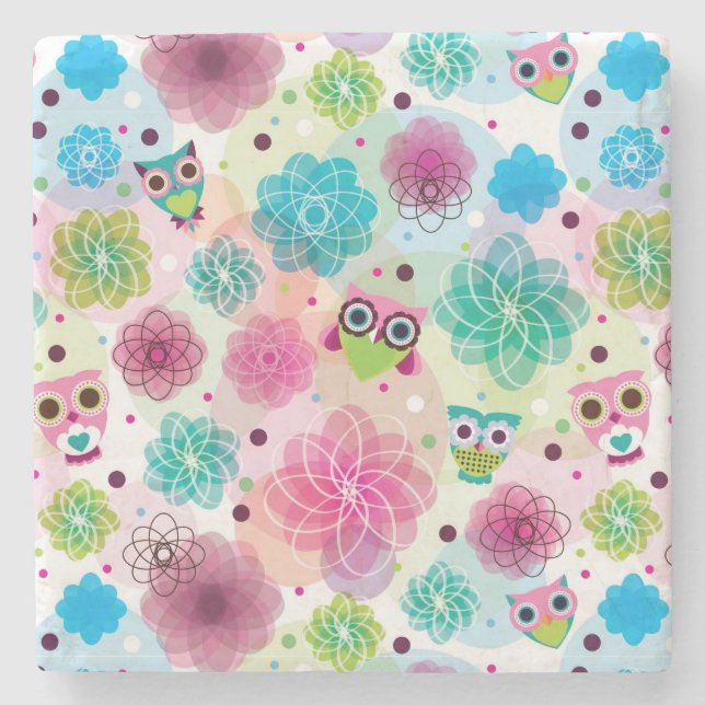Cute flower owl background pattern stone coaster (Front)