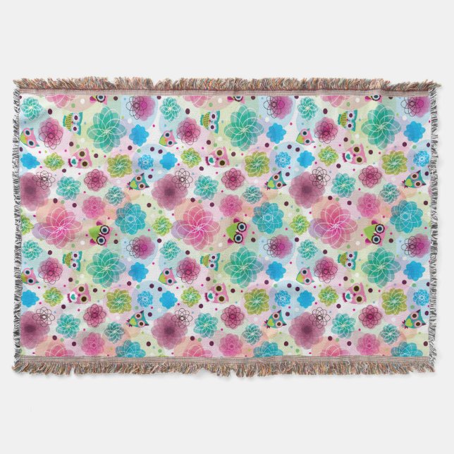 Cute flower owl background pattern throw blanket (Front)