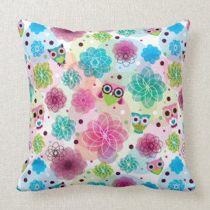 Cute flower owl background pattern throw pillow