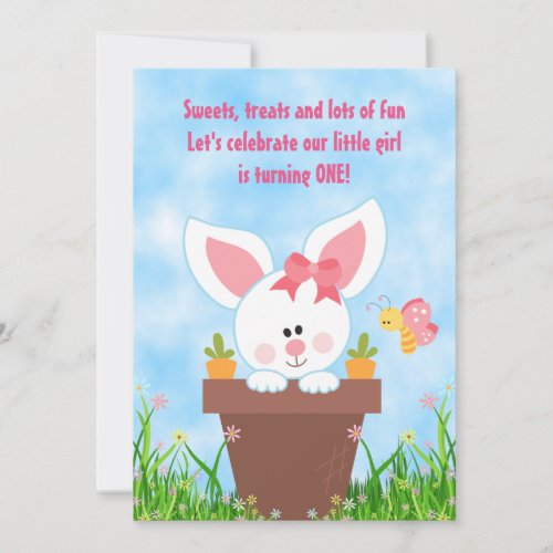 Cute Flower Pot Bunny 1st Birthday Invitations