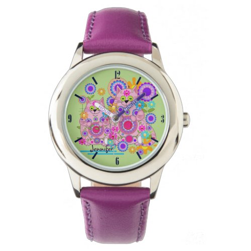 Cute flower power cats  custom name watch