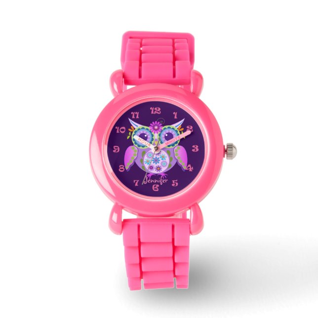 Cute flower power owl, clocknumbers & custom name watch (Front)