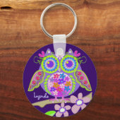Cute Flower Power Owl with Name keychain (Front)