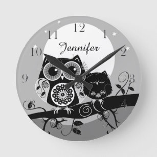 Cute Flower power Owls & custom name Round Clock
