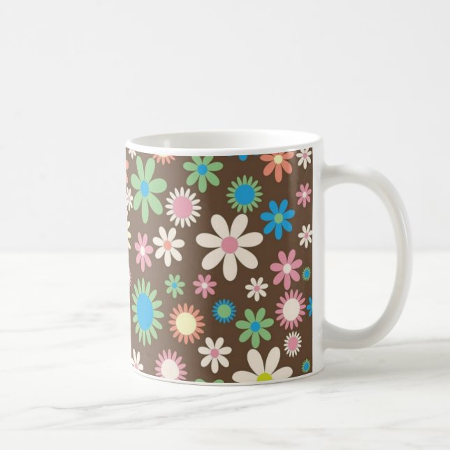 Cute Flower Power Pattern Brown Coffee Mug (Right)